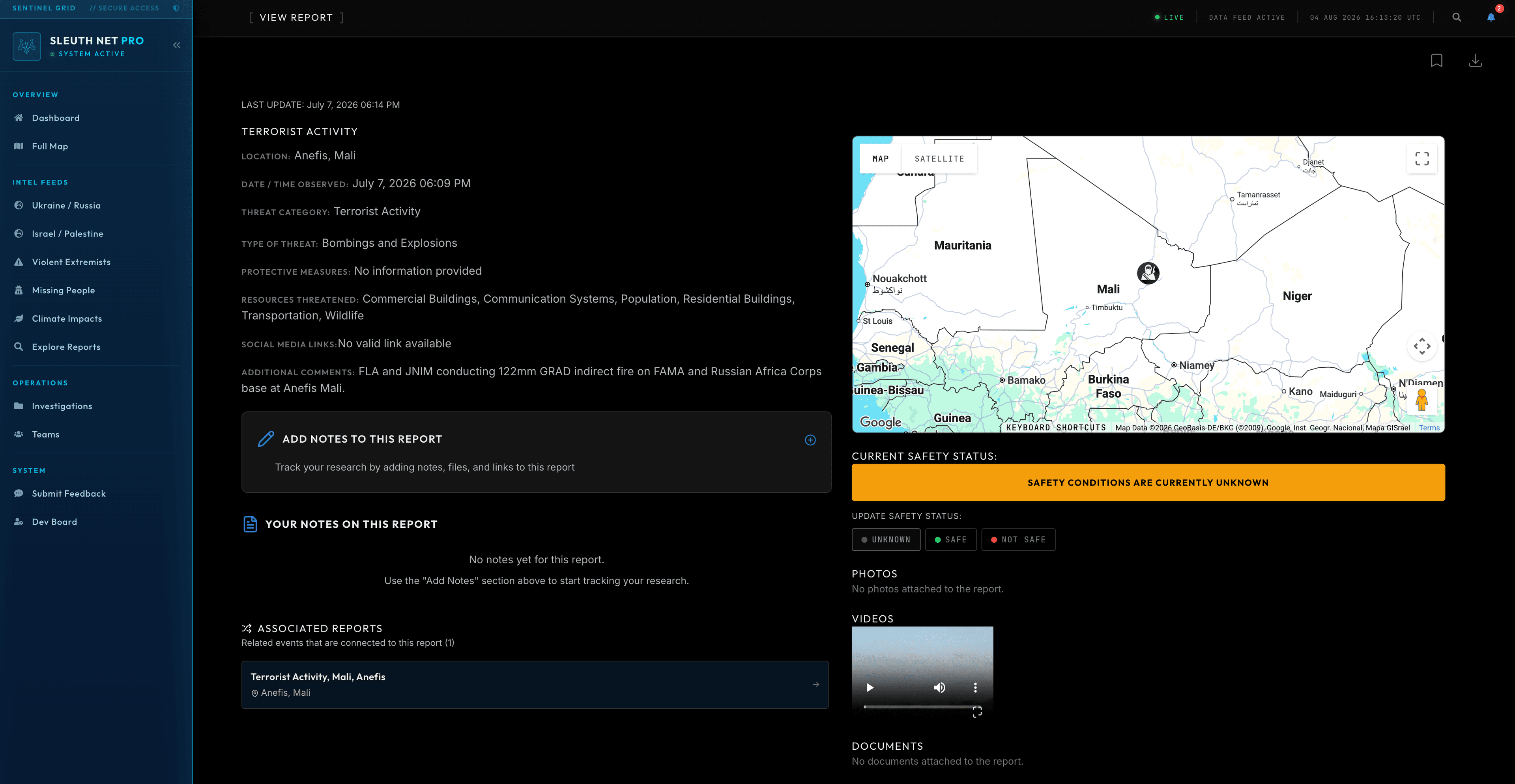 Sleuth Net Dashboard report view showing threat category, resources threatened, analyst notes, associated reports, a location map, and safety status controls.