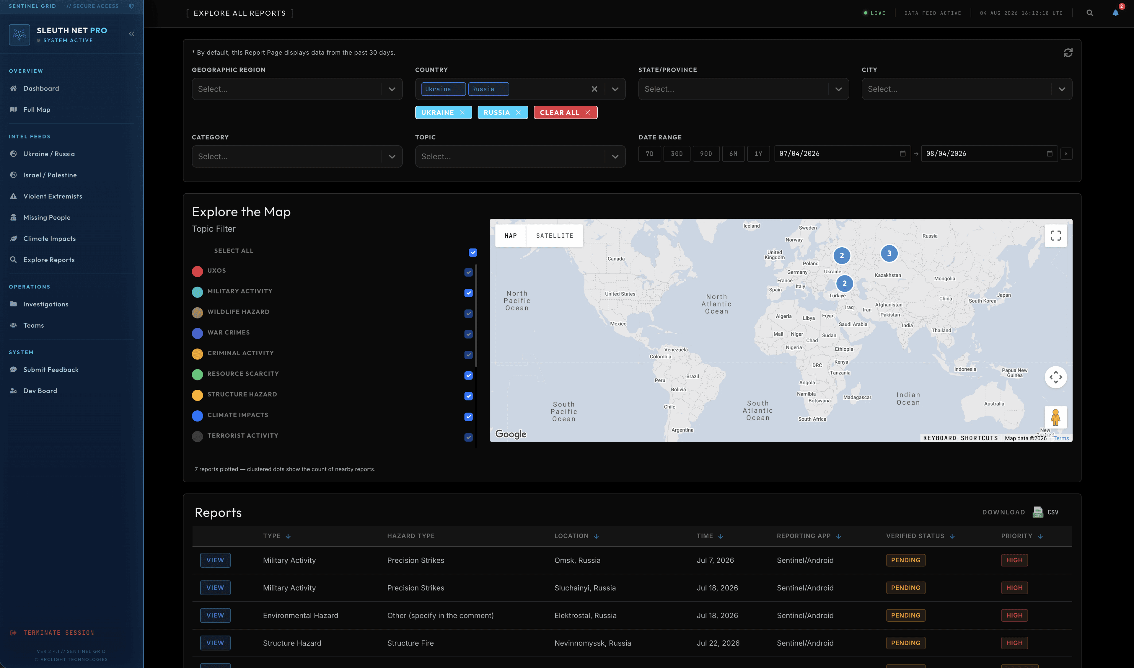 Sleuth Net Dashboard report explorer with geographic, category and date-range filters, a hazard-type topic filter, a clustered map, and a sortable reports table with CSV download.