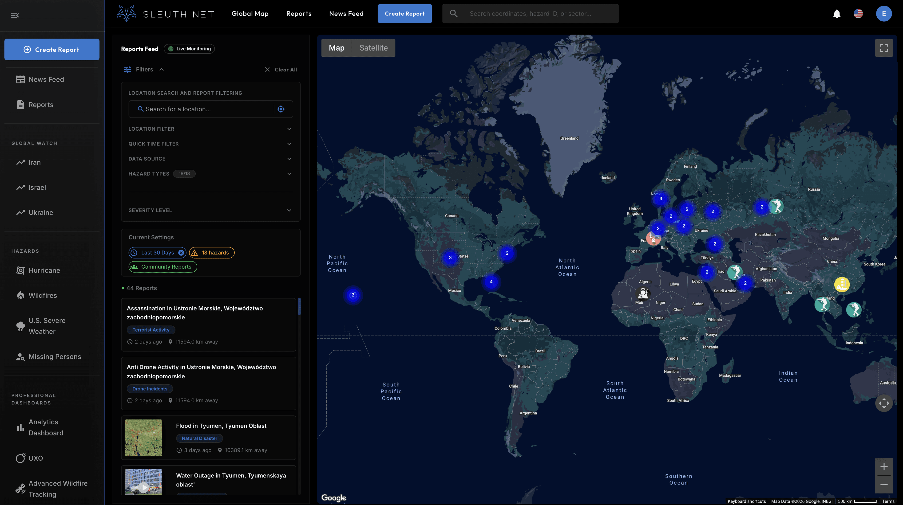 Sleuth Net global map showing clustered incident reports across Europe, North America, and Africa, beside a filterable live reports feed.