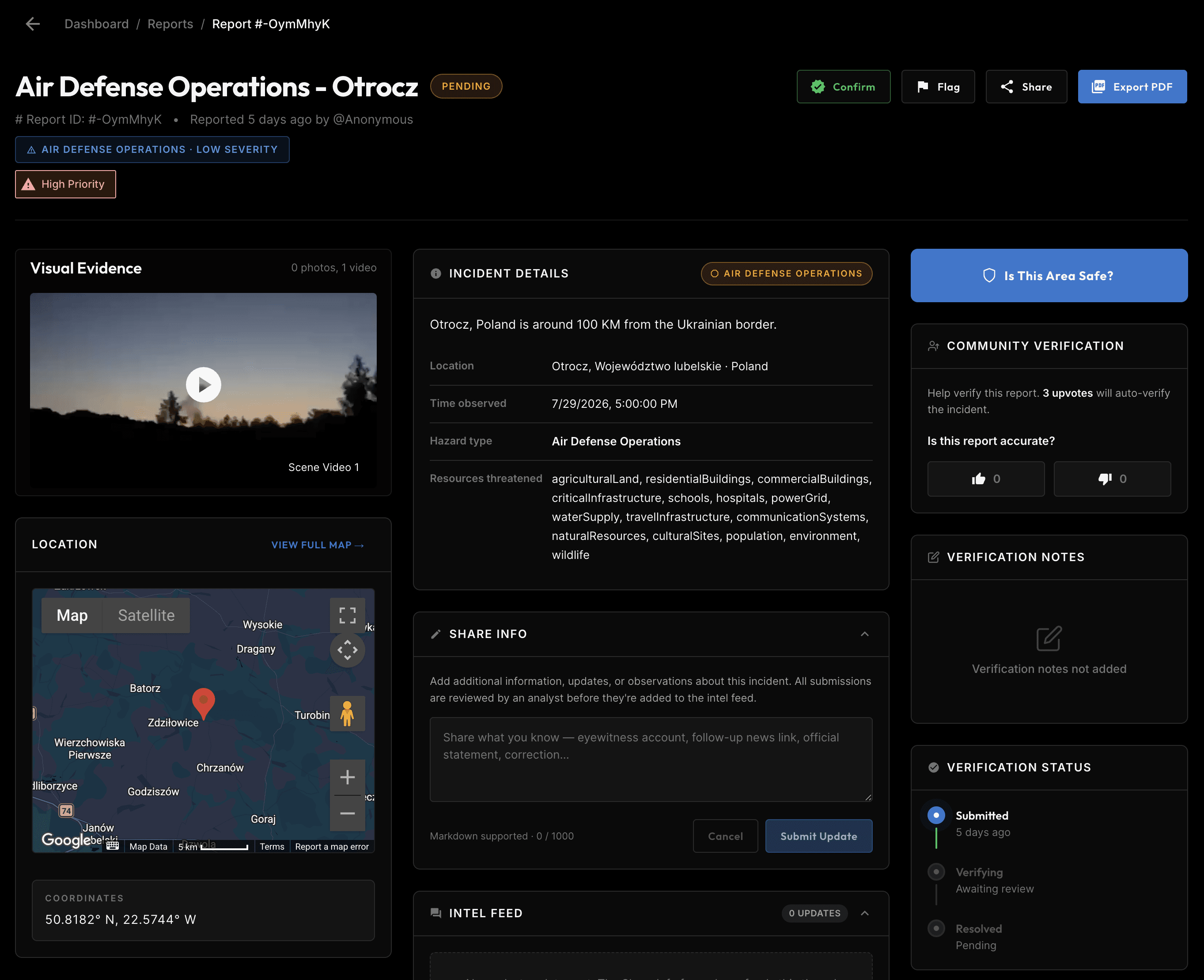 Sleuth Net report detail view showing incident details, visual evidence, location map, community verification controls, and verification status timeline.